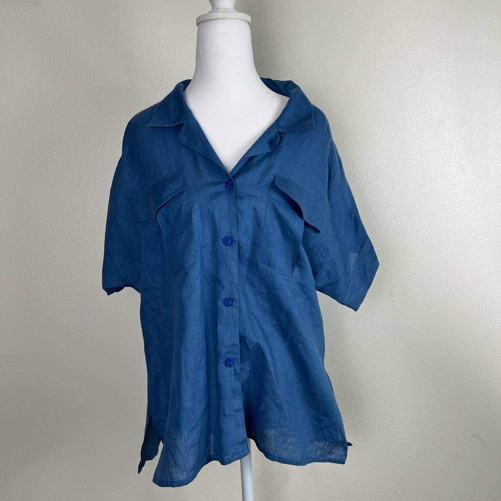 Liz Claiborne Blouse Womens Size 12 Blue Buttonup Short Sleeve‎ Linen Coastal